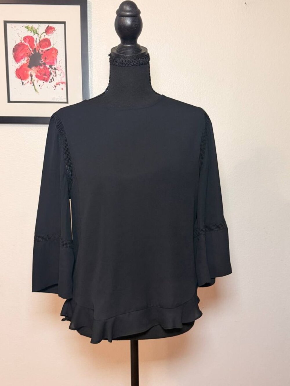 Apt. 9 Minimalist Black Ruffle Hem Bell Sleeve Blouse Sz S